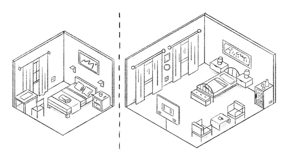 A sketch prototype that challenges customers to make a trade-off decision (big room but not-so-great bed or small rom but great bed). This helps business designer shape a strategy.